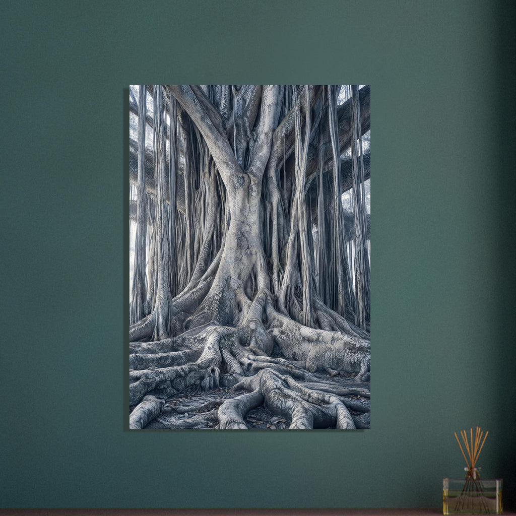 Banyan tree with intertwined trunks, hanging aerial roots and thick spreading roots in muted blue-grey tones.