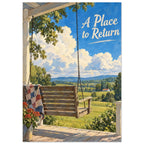 Wooden porch swing with a patchwork quilt overlooking green fields under blue skies, with ‘A Place to Return’ lettering.