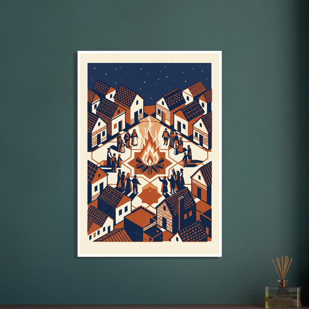 Villagers gathered around a bonfire among patterned houses beneath a starry navy sky, in rust orange and cream.