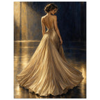 Champagne Pleats depicts a woman from behind in a fan-shaped pleated evening gown, lit from the side against navy.
