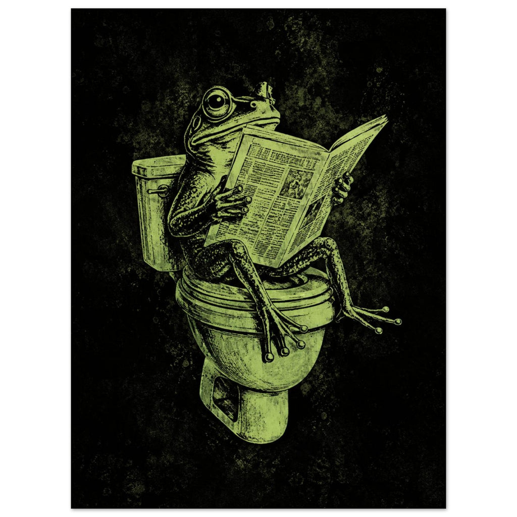 Green frog sitting on a toilet reading a newspaper, illustrated with etched-style lines on a textured black background.