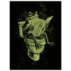 Green frog sitting on a toilet reading a newspaper, illustrated with etched-style lines on a textured black background.