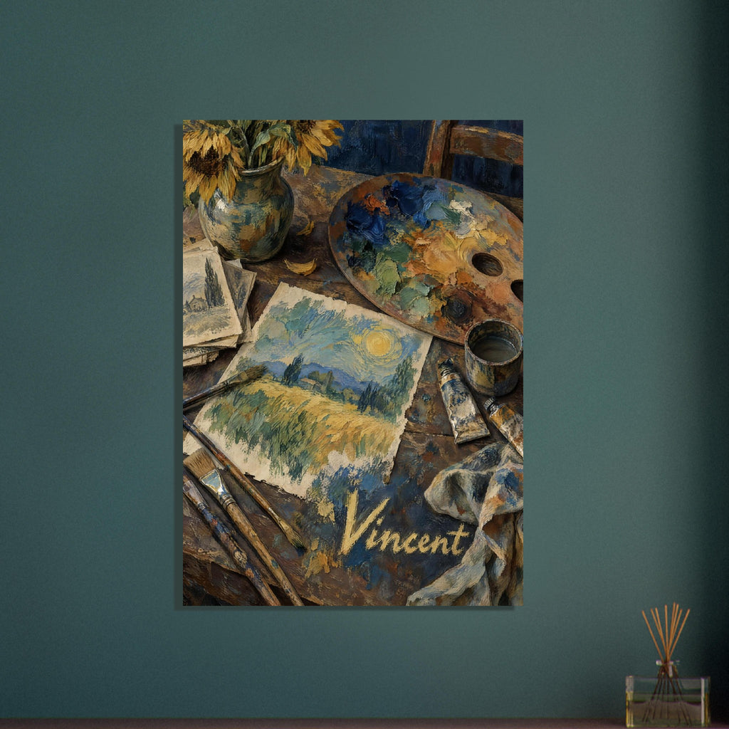 Artist’s palette, sunflowers, brushes and paint tubes around a landscape painting, with ‘Vincent’ lettering below.