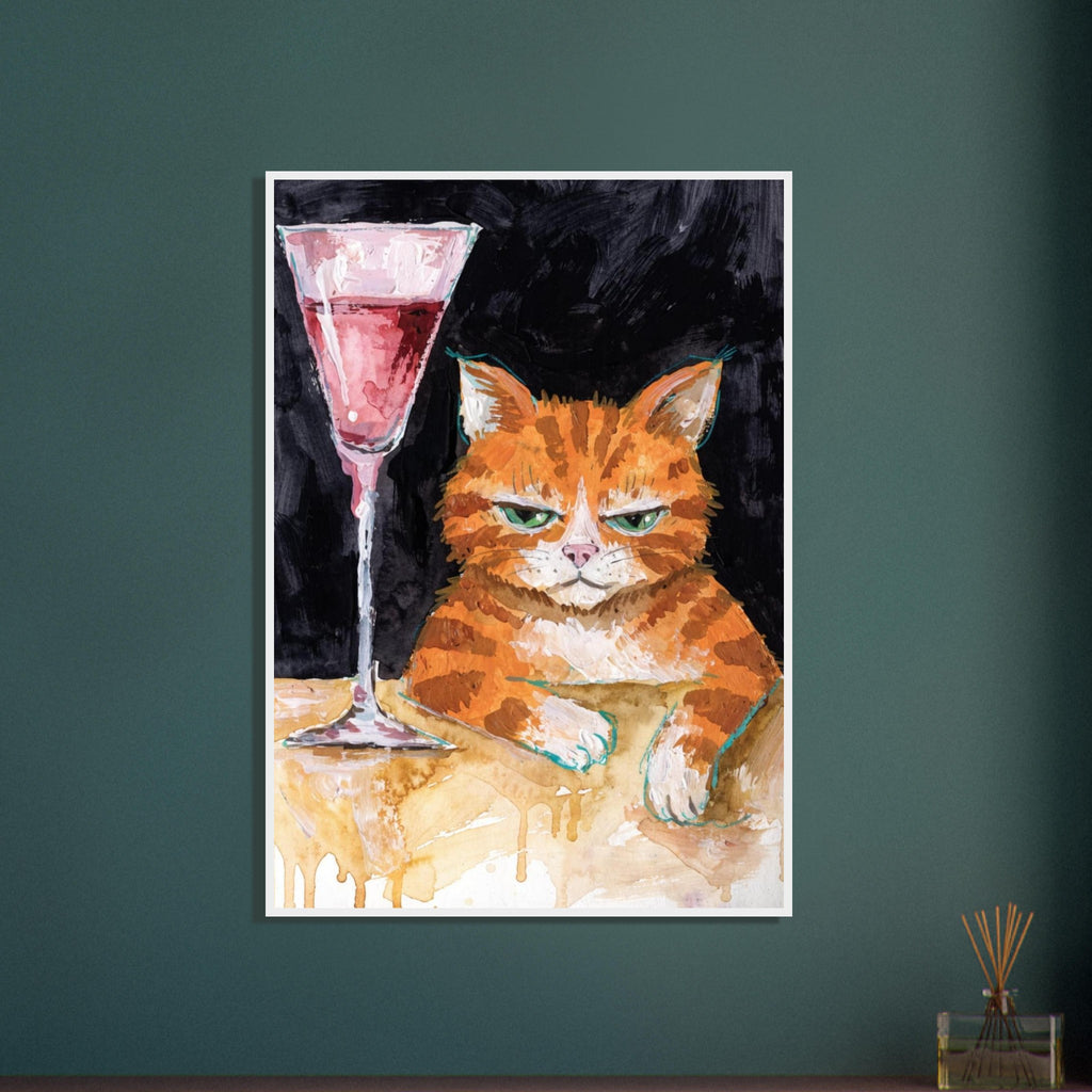 Ginger cat with green eyes resting its white paws on a golden table beside a tall glass of pink liquid, on black.