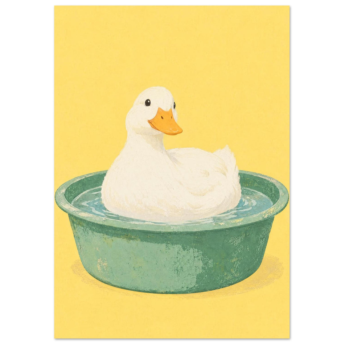 Cream-coloured duck with an orange bill bathing in a green tub of water against a textured yellow background.
