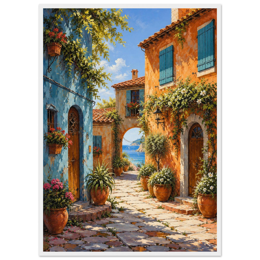 Coastal village lane with blue and orange buildings, potted flowers and a stone archway opening onto a sea view.