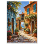 Coastal village lane with blue and orange buildings, potted flowers and a stone archway opening onto a sea view.