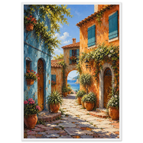 Coastal village lane with blue and orange buildings, potted flowers and a stone archway opening onto a sea view.