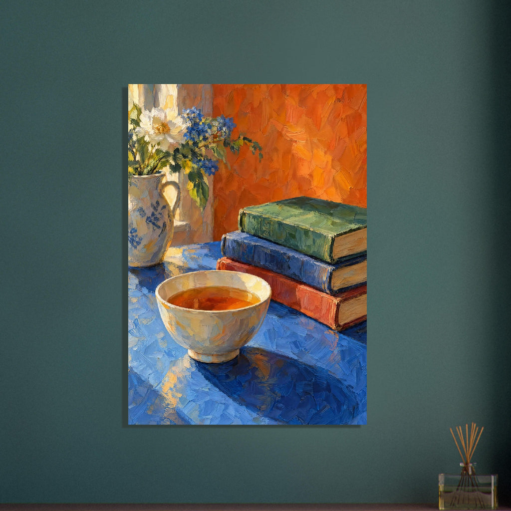Bowl of tea beside stacked books and a jug of white and blue flowers on a blue table against an orange background.