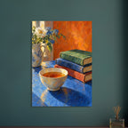 Bowl of tea beside stacked books and a jug of white and blue flowers on a blue table against an orange background.