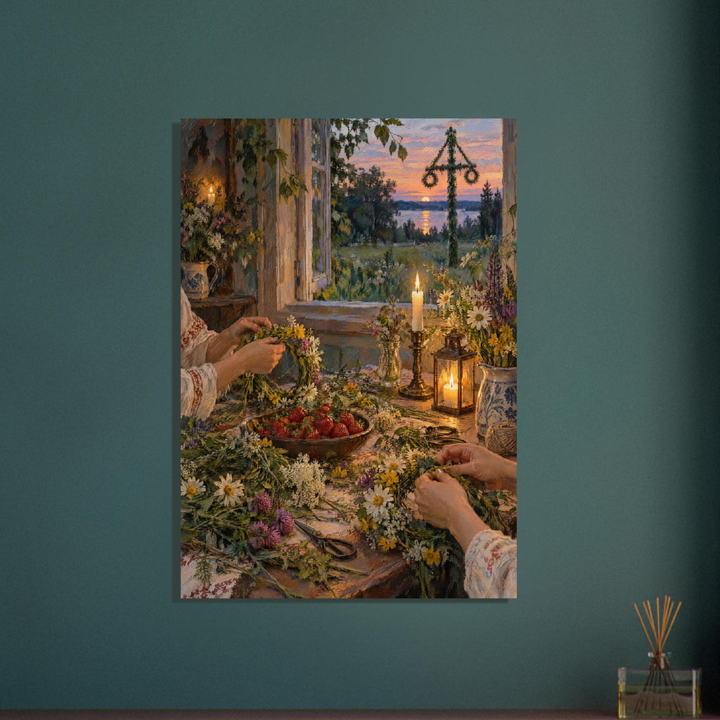 Hands weaving wildflower crowns at a candlelit table with strawberries, beside an open window overlooking water at sunset.