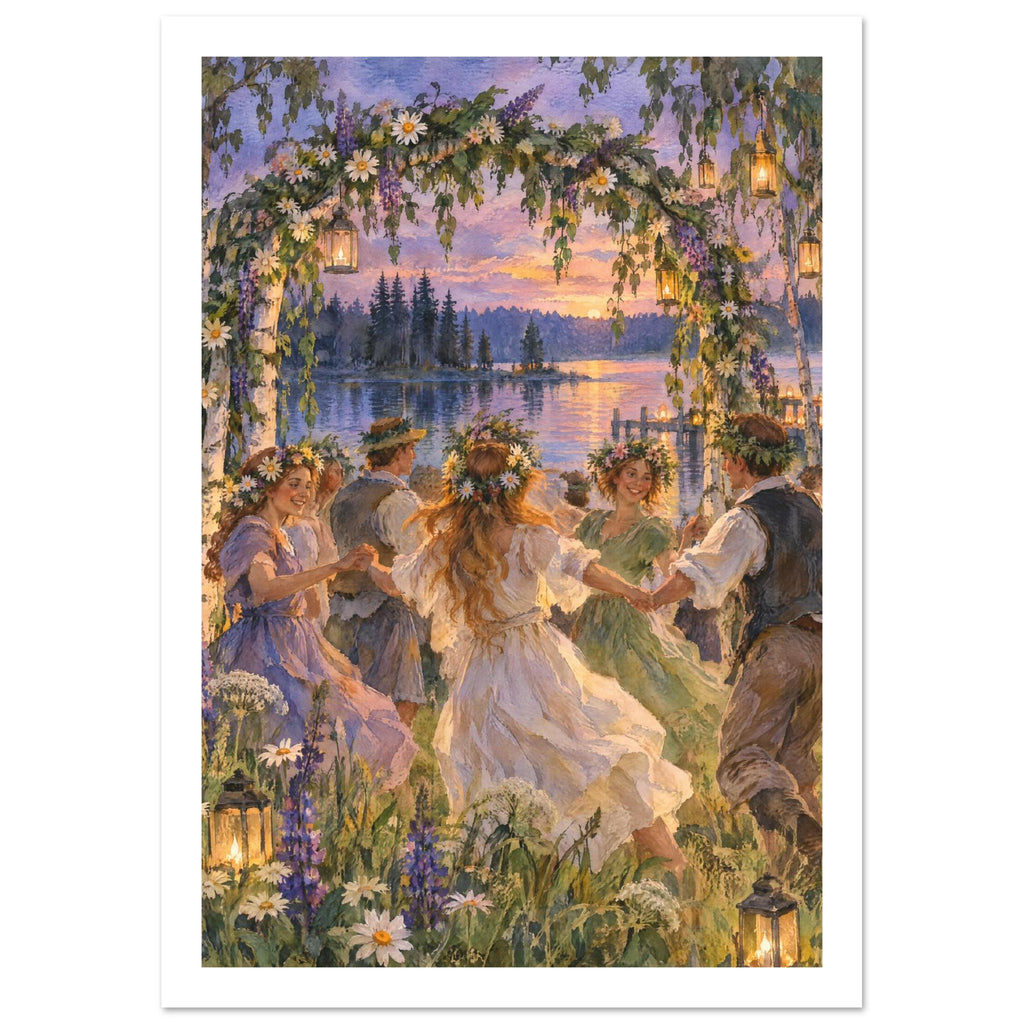 Flower-crowned dancers holding hands beneath a floral arch with lanterns, beside a lake at sunset.