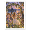 Flower-crowned dancers holding hands beneath a floral arch with lanterns, beside a lake at sunset.