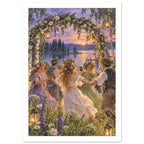 Flower-crowned dancers holding hands beneath a floral arch with lanterns, beside a lake at sunset.