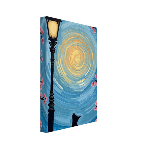 Black cat beside a glowing street lamp, framed by pink blossom branches against a swirling blue and yellow sky.