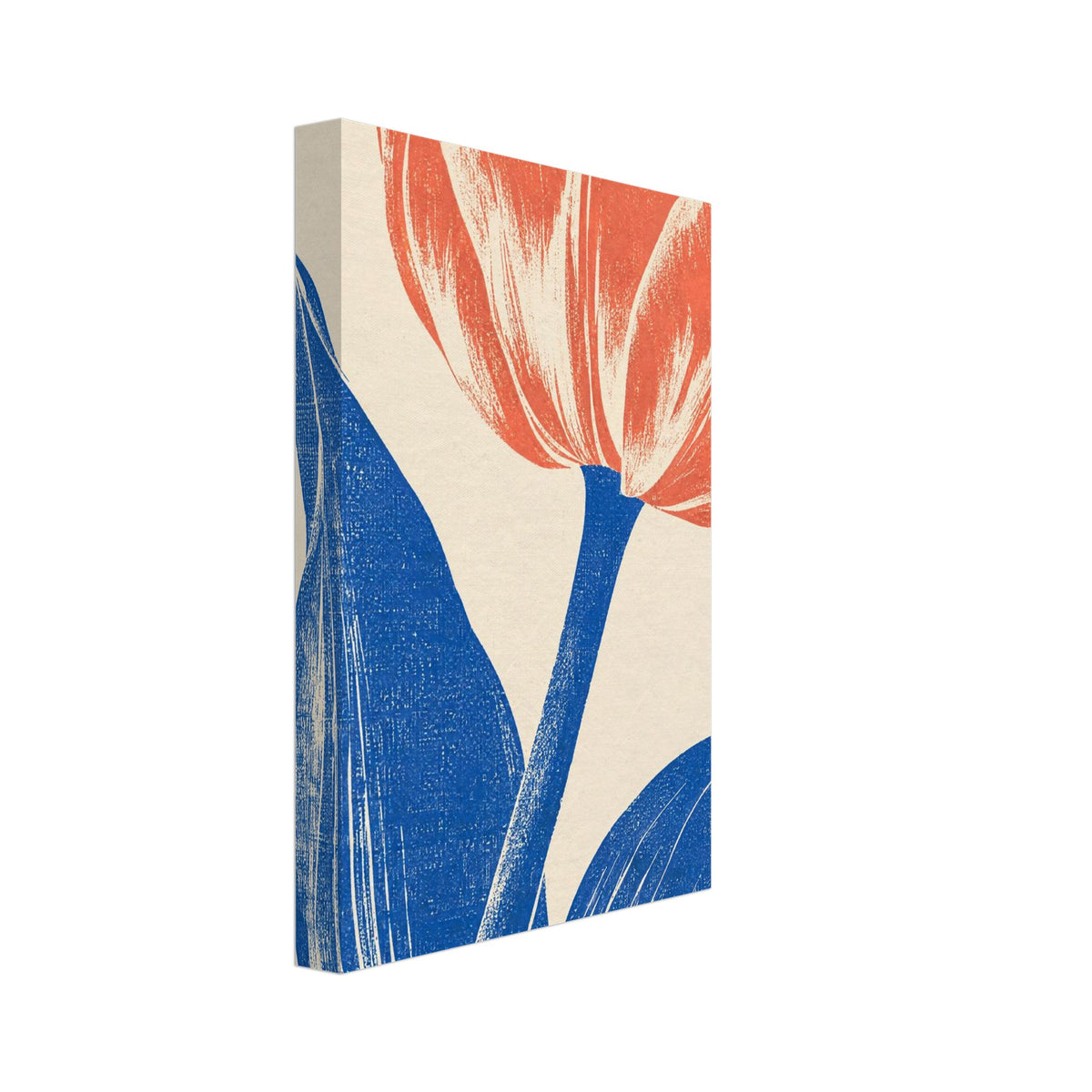 Coral tulip with a blue stem and sweeping blue leaves on cream, rendered with grainy texture and fine linear details.