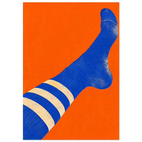 Blue sock with three cream stripes stretching diagonally across an orange background, with a distressed texture.