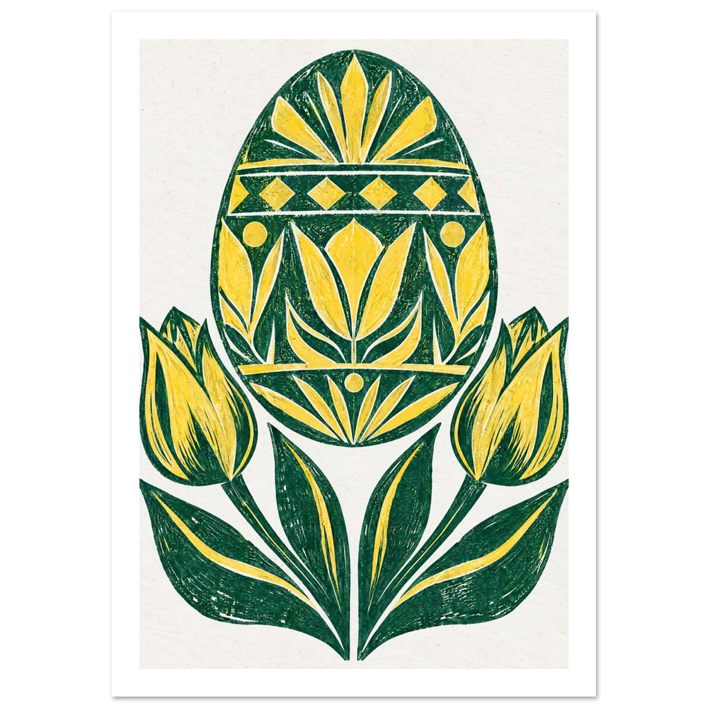 Yellow and green patterned Easter egg above two yellow tulips and sweeping green leaves on a cream background.