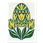 Yellow and green patterned Easter egg above two yellow tulips and sweeping green leaves on a cream background.