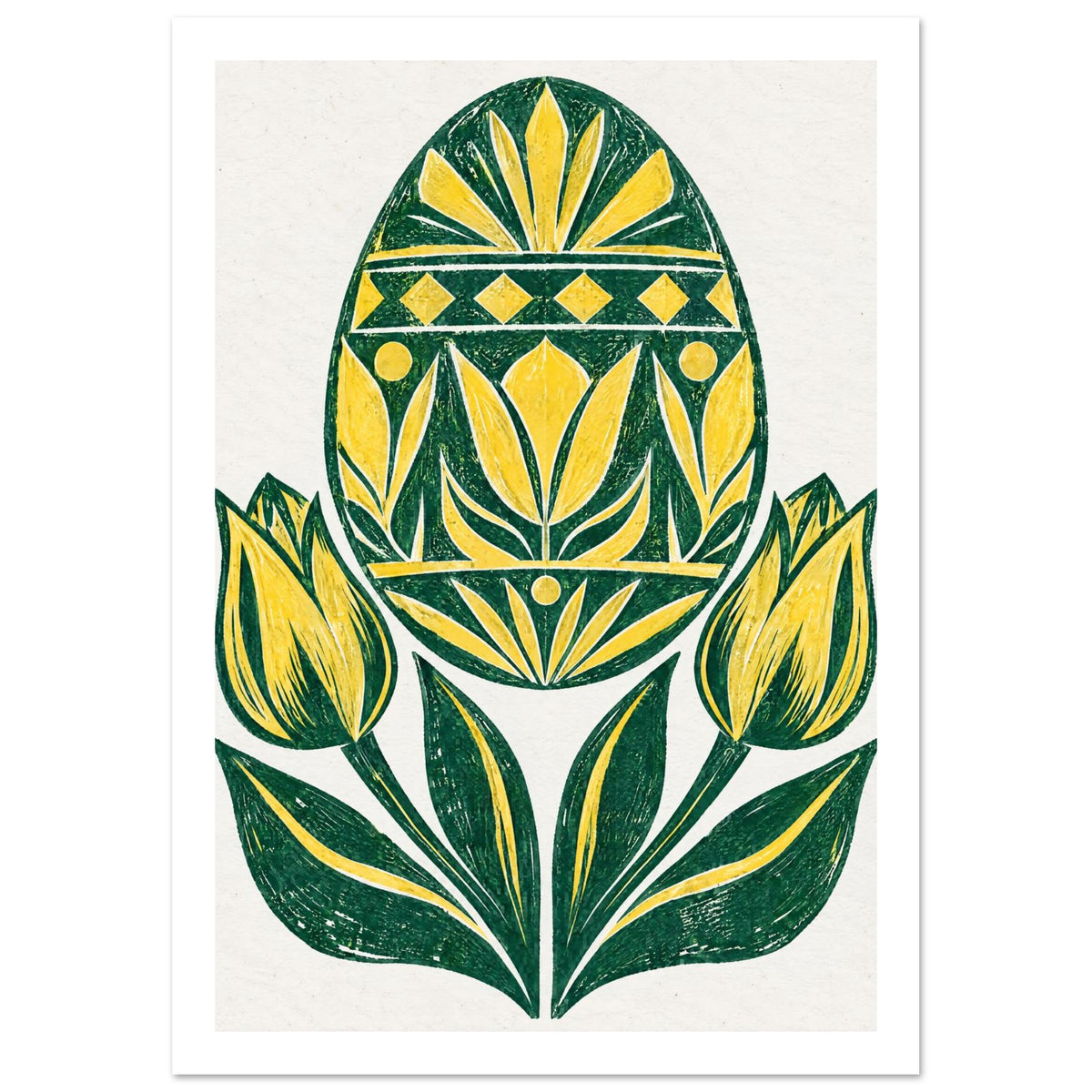 Yellow and green patterned Easter egg above two yellow tulips and sweeping green leaves on a cream background.