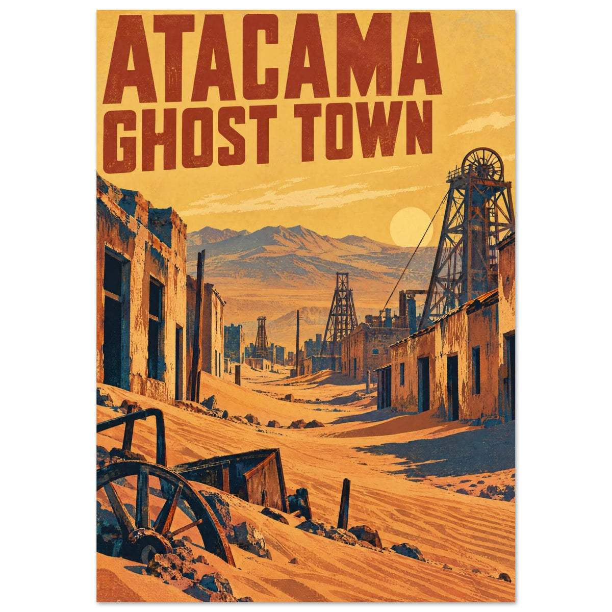 Atacama Ghost Town lettering above a sandy street, ruined buildings and mining towers, with mountains beneath a golden sky.