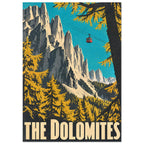 Dolomites peaks and golden trees beneath a turquoise sky, with a red cable car and large cream ‘The Dolomites’ lettering.