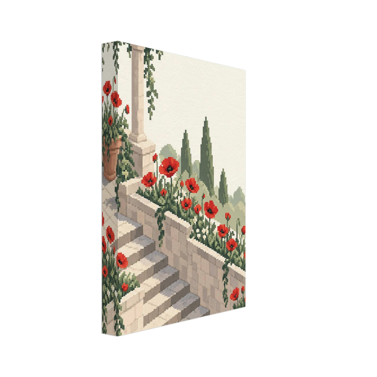 Red poppies and trailing greenery border pale stone terrace steps, with terracotta pots and tall trees in pixel art.