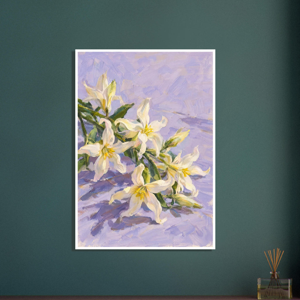 White lilies with yellow centres, green leaves and buds arranged diagonally across a textured lilac background.