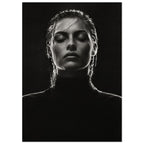 Black and white portrait of a woman with closed eyes, slicked-back hair and a dark high-neck top against black.
