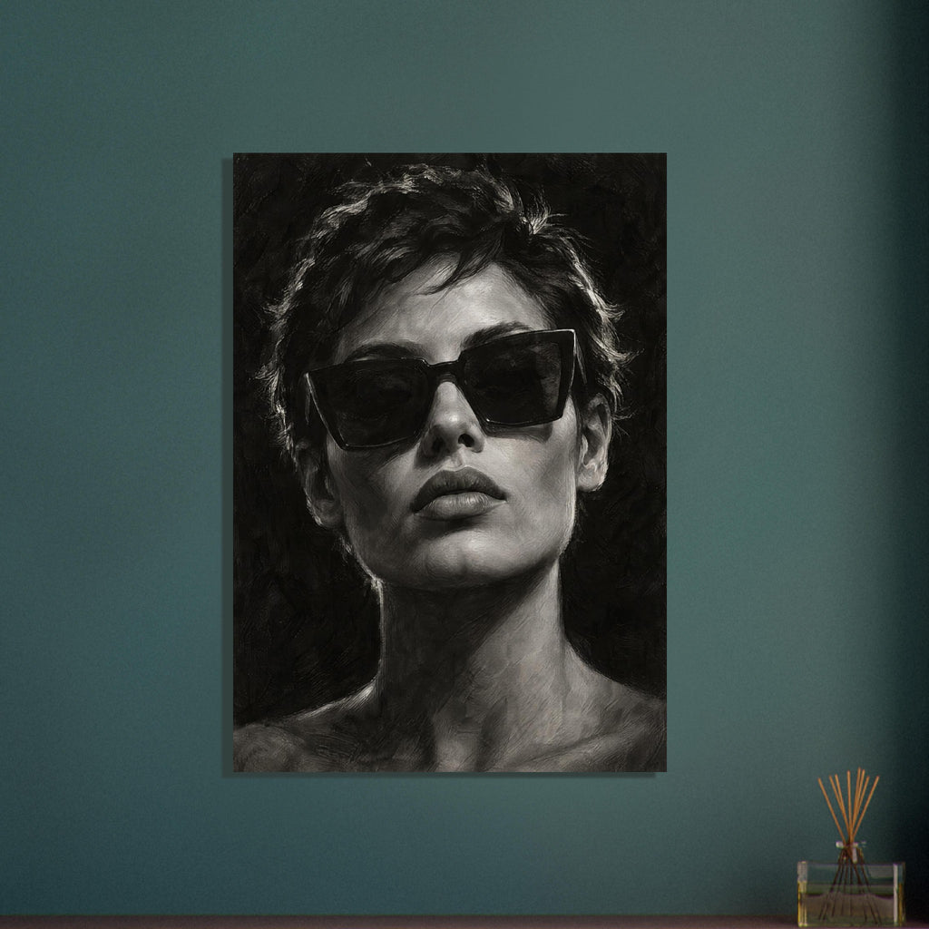 Behind the Sunglasses, a tightly cropped frontal face wearing large geometric sunglasses, with rim-lit short hair against bla