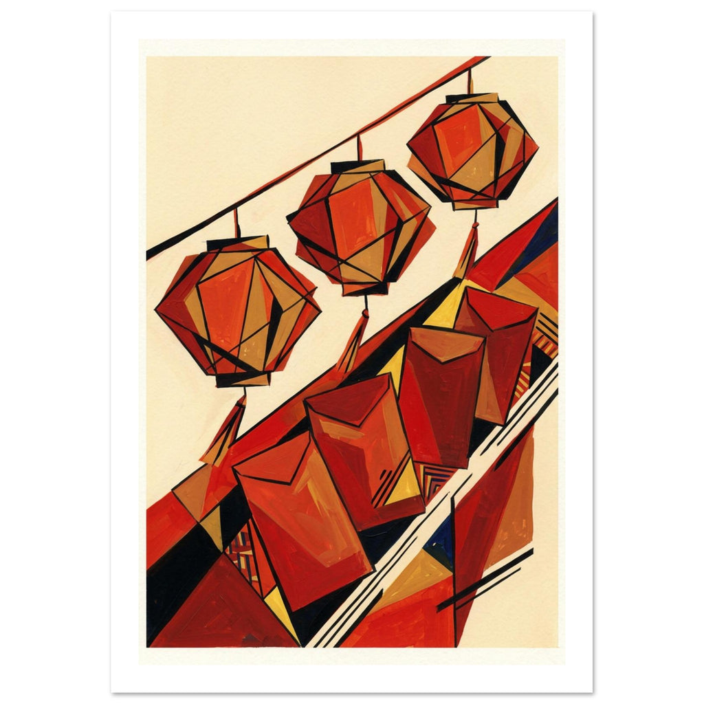 Three angular red and ochre lanterns hang above red envelopes, with bold black outlines and diagonal bands on cream.