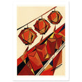 Three angular red and ochre lanterns hang above red envelopes, with bold black outlines and diagonal bands on cream.
