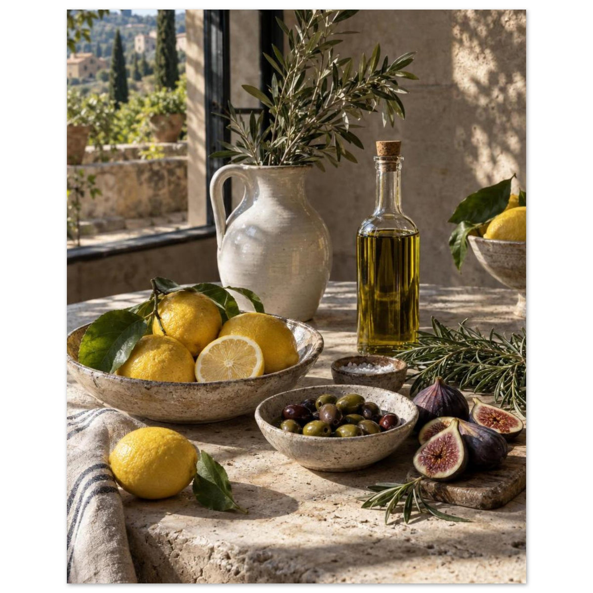 Lemons, olives, figs and a bottle of oil on a stone table beside a ceramic jug of leafy branches and a sunlit window.
