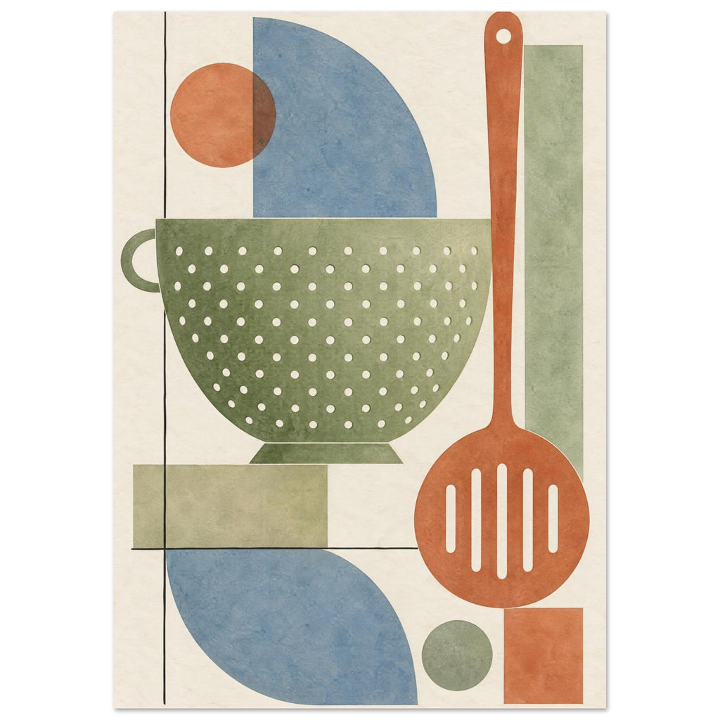 Green colander and terracotta slotted spoon with blue curves, geometric blocks and thin black lines on a cream background.