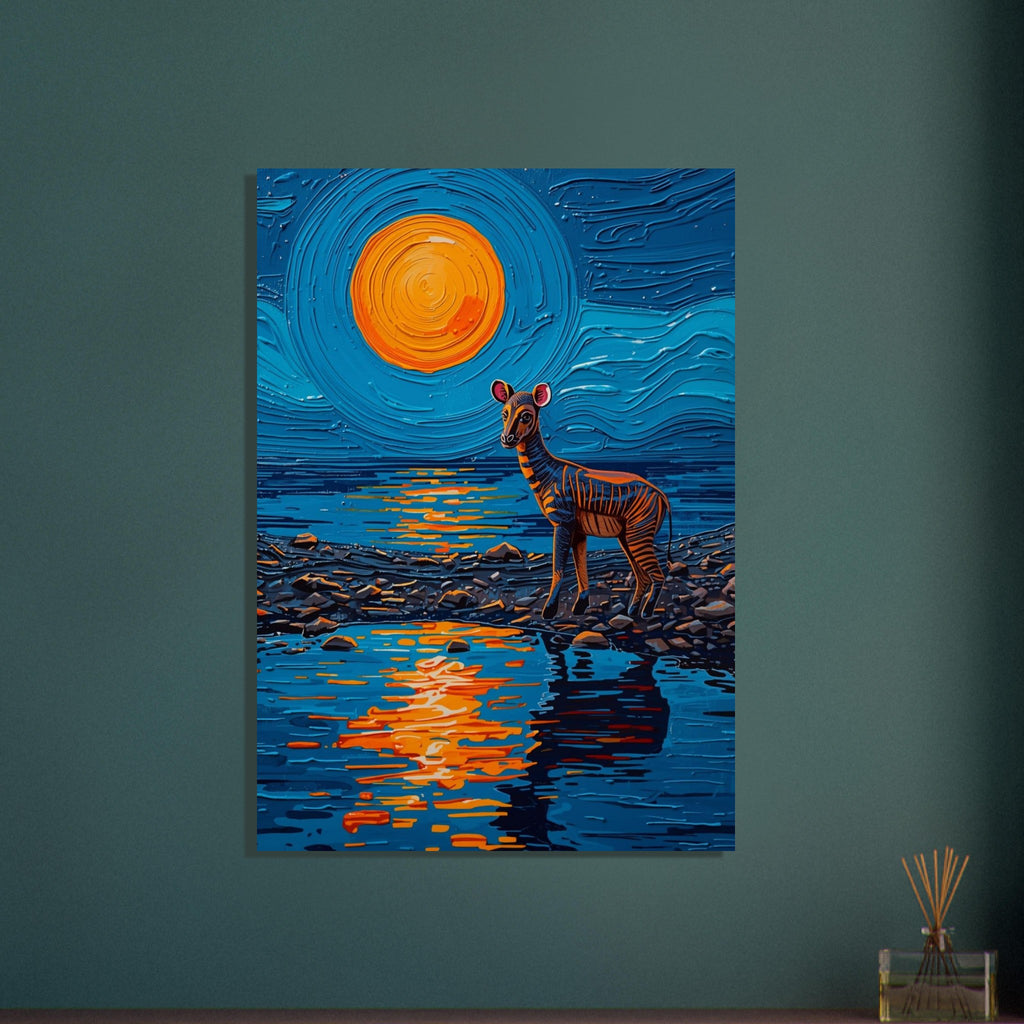 Striped okapi on a rocky shore beneath an orange sun, with blue water, bold reflections and swirling painted textures.