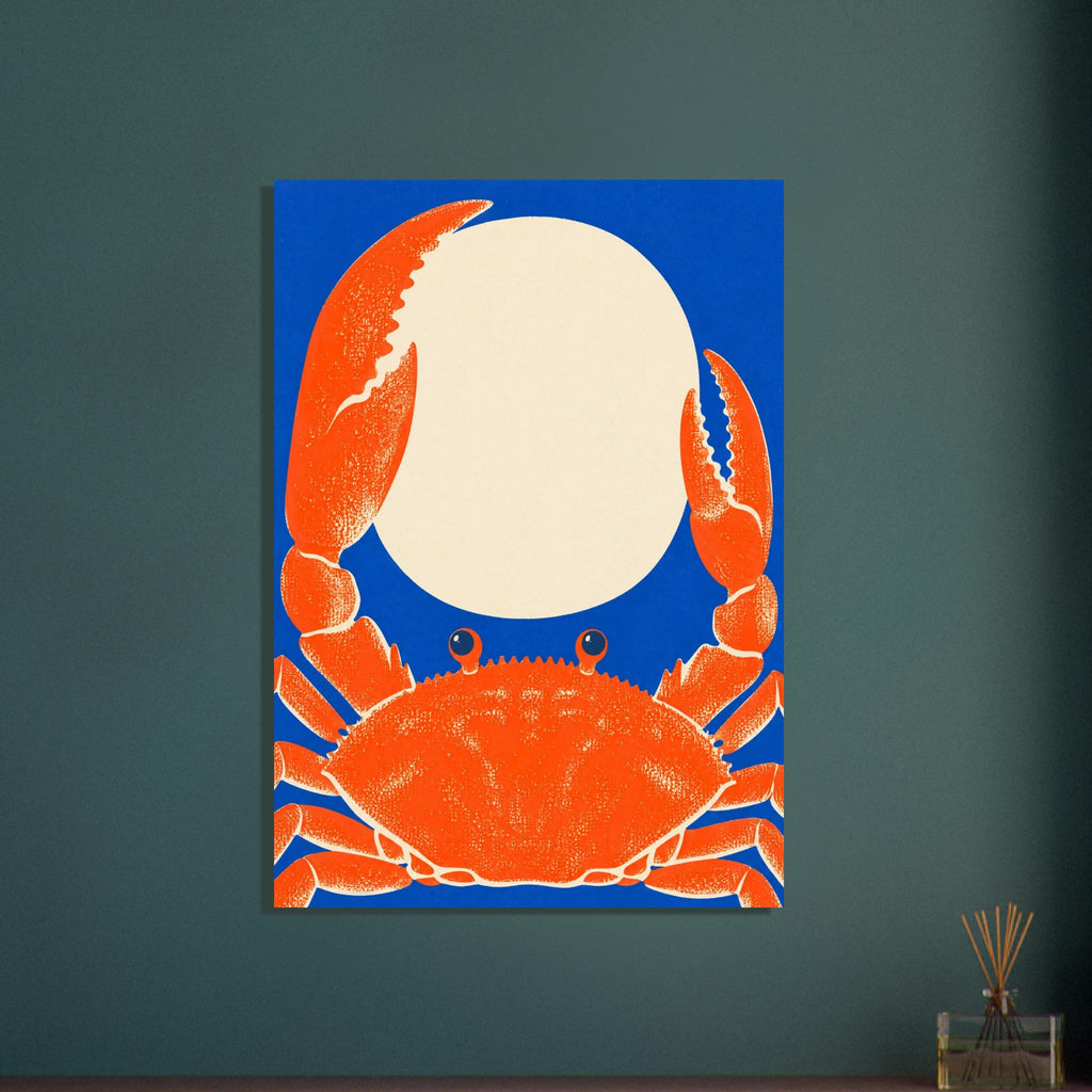 Orange crab with oversized raised claws surrounding a cream oval on a vivid blue background, with speckled texture.