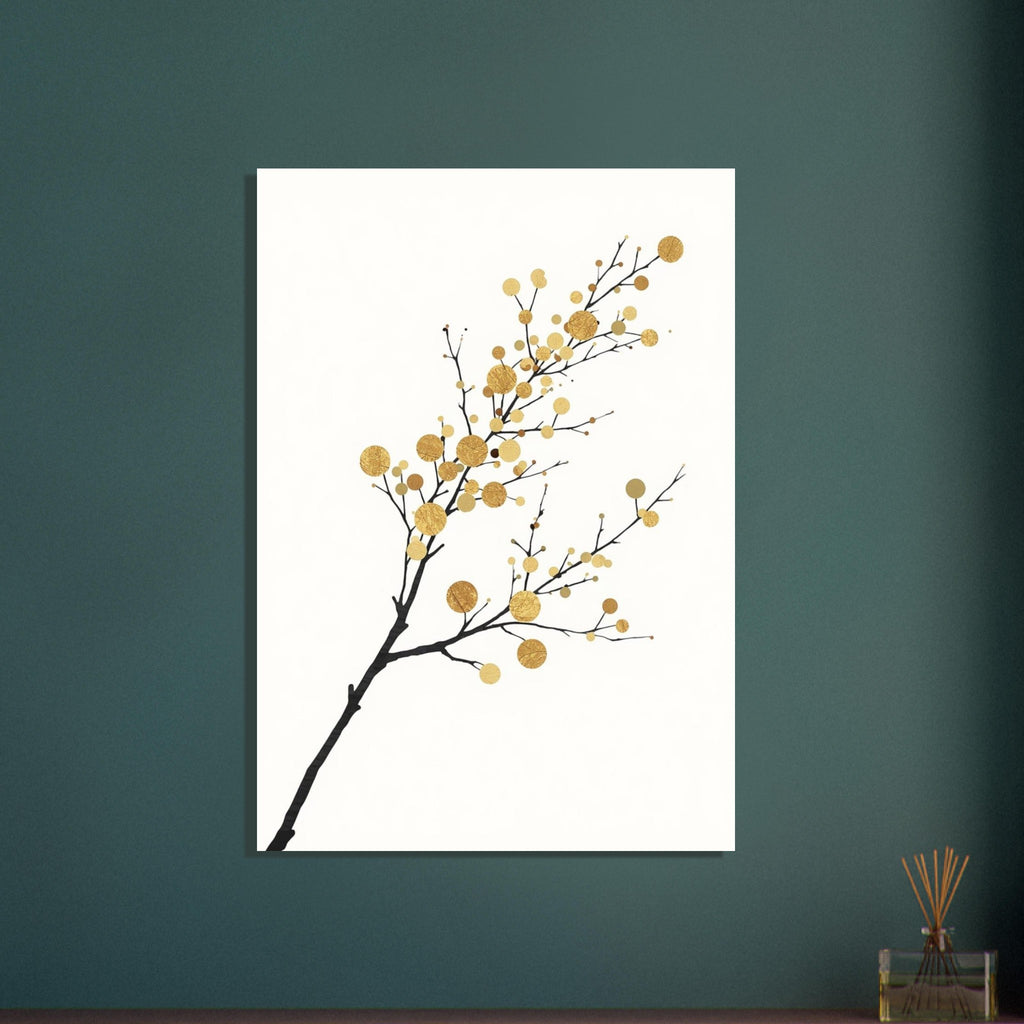 Black branch extending diagonally upwards with textured gold circles on a spacious off-white background.