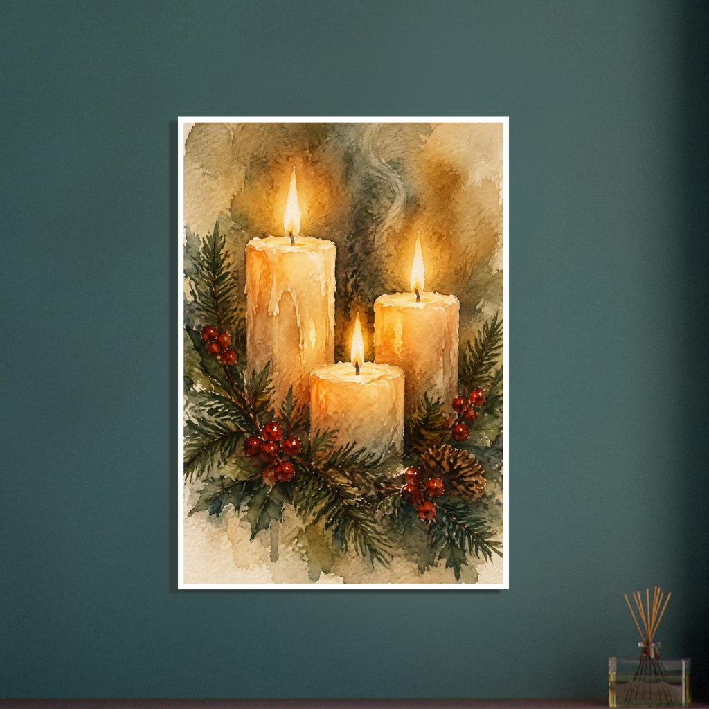 Three glowing golden candles surrounded by evergreen sprigs, red berries and pine cones in a soft watercolour composition.