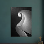 Spiral staircase viewed from below, with curved textured walls, dark steps and a bright opening in black and white.
