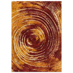 Abstract spiral of rough burgundy and ochre brush marks with cream gaps, sweeping outward across a vertical composition.