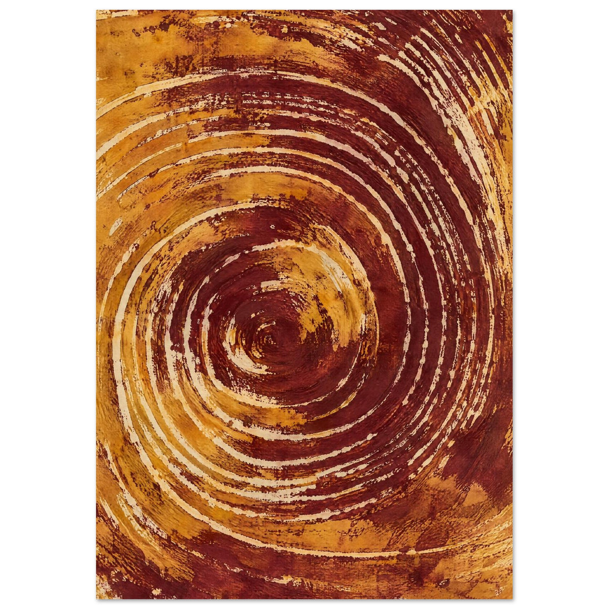 Abstract spiral of rough burgundy and ochre brush marks with cream gaps, sweeping outward across a vertical composition.
