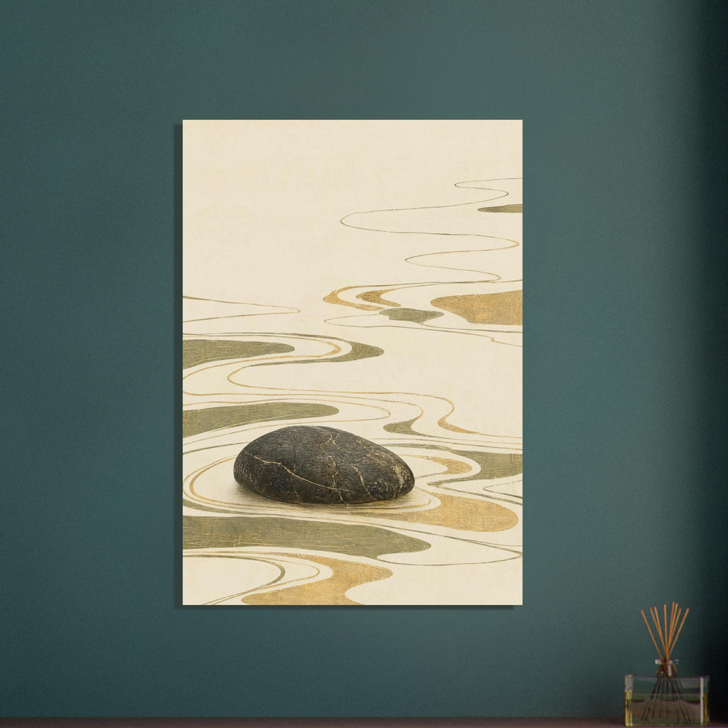 Dark rounded stone surrounded by flowing olive and ochre ripple lines and shapes on a textured cream background.