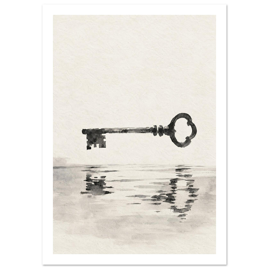 Dark old-fashioned key suspended above its rippling reflection, painted in grey washes on a textured cream background.