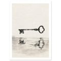 Dark old-fashioned key suspended above its rippling reflection, painted in grey washes on a textured cream background.