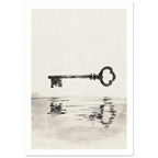 Dark old-fashioned key suspended above its rippling reflection, painted in grey washes on a textured cream background.