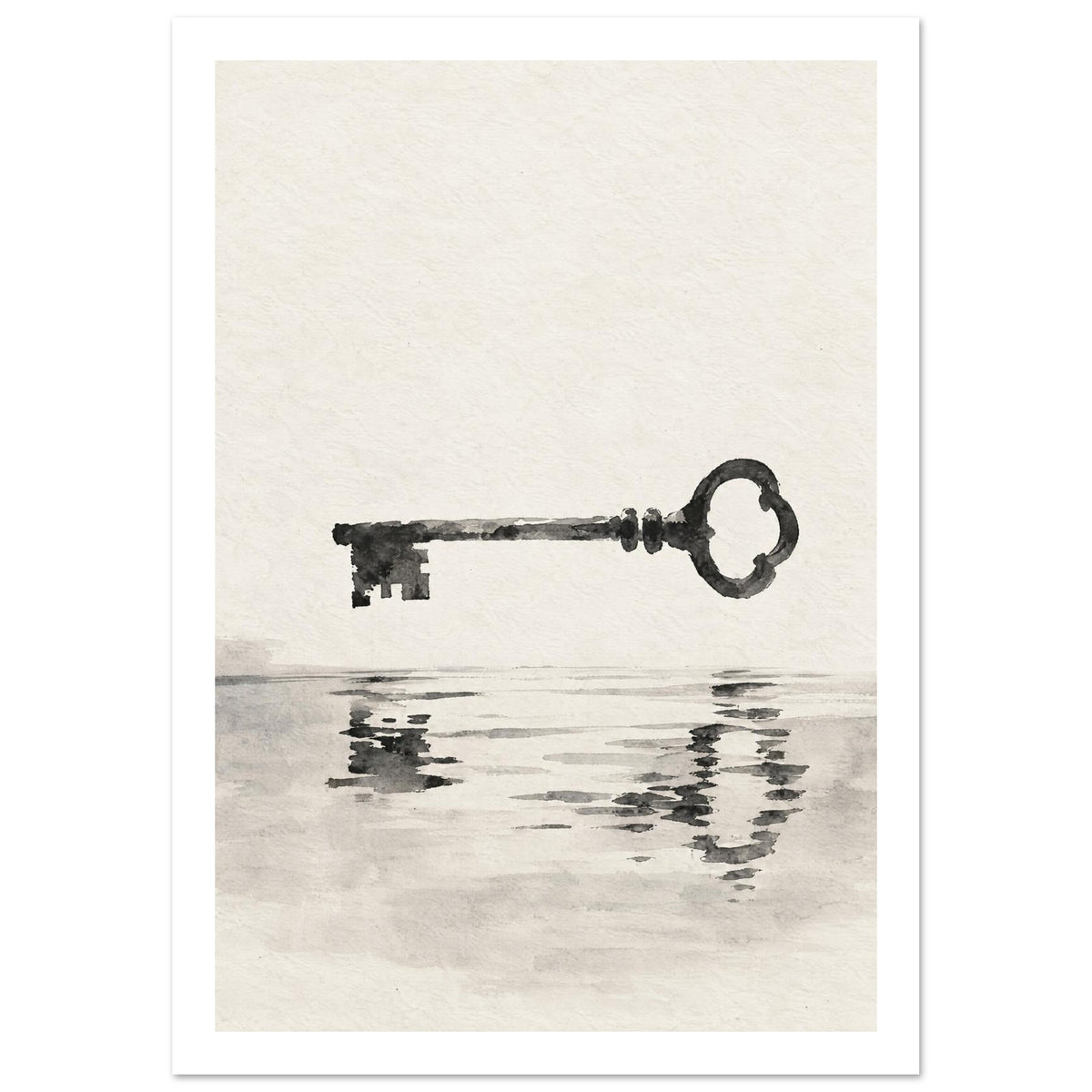 Dark old-fashioned key suspended above its rippling reflection, painted in grey washes on a textured cream background.