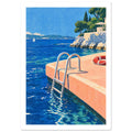 Swimming ladder descending from a peach platform into blue sea, with a red lifebuoy, sailboat and tree-lined stone terrace.