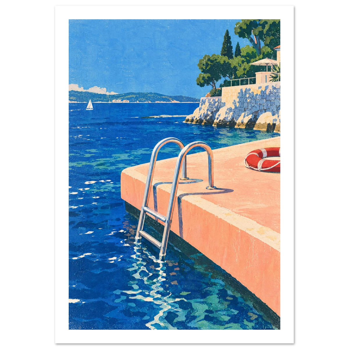 Swimming ladder descending from a peach platform into blue sea, with a red lifebuoy, sailboat and tree-lined stone terrace.