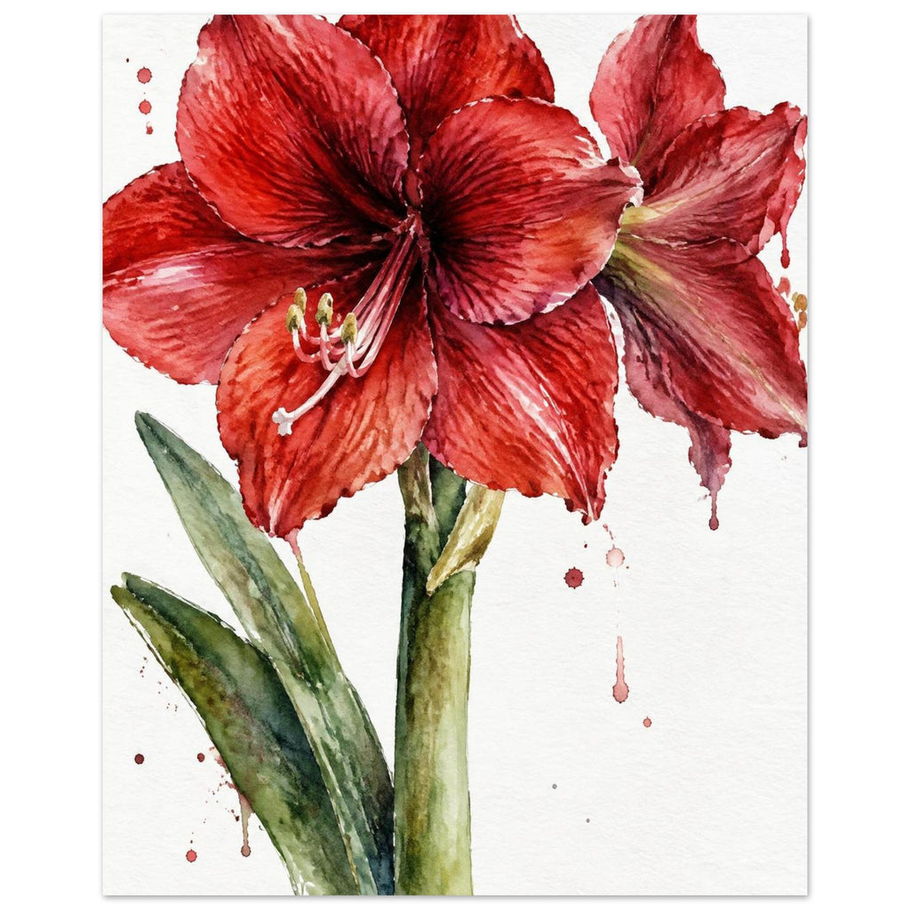 Watercolour painting of a red amaryllis in full bloom with green leaves