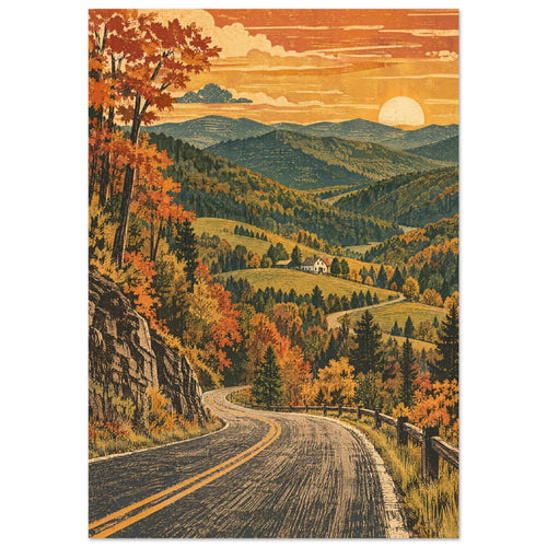 Winding road through orange and gold autumn trees, with a valley house, layered green mountains and a low sun.